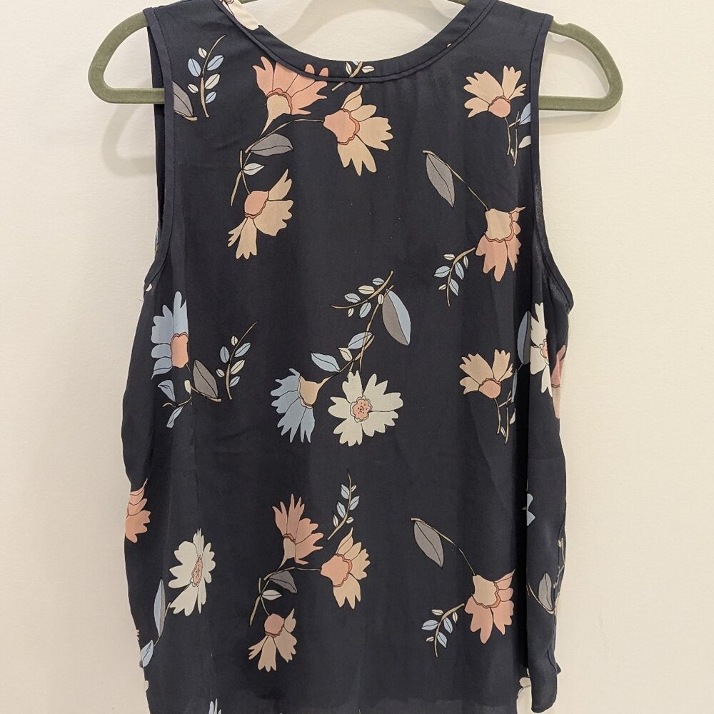 LOFT Navy Blue Seeveless Blouse with Floral Pattern and Keyhole Tie in Back